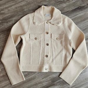 Sandro Cream Scalloped Collar Knit Jacket